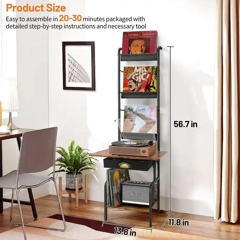 Supporto per giradischi con contenitore per vinili - 13.8 L x 11.8W x 56.7 H