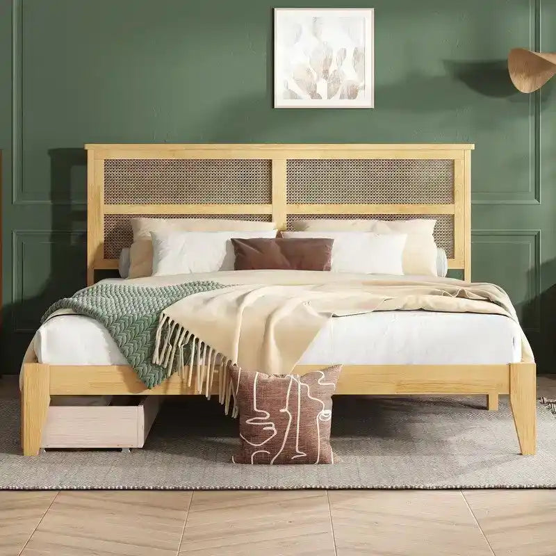 Letto a piattaforma king size con testiera in rattan e due cassetti