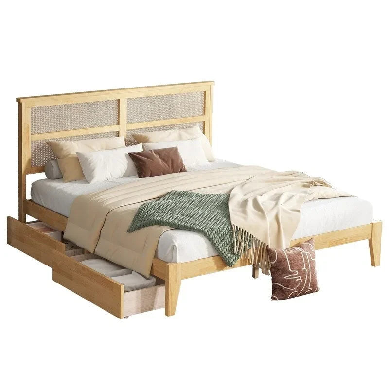 Letto a piattaforma king size con testiera in rattan e due cassetti