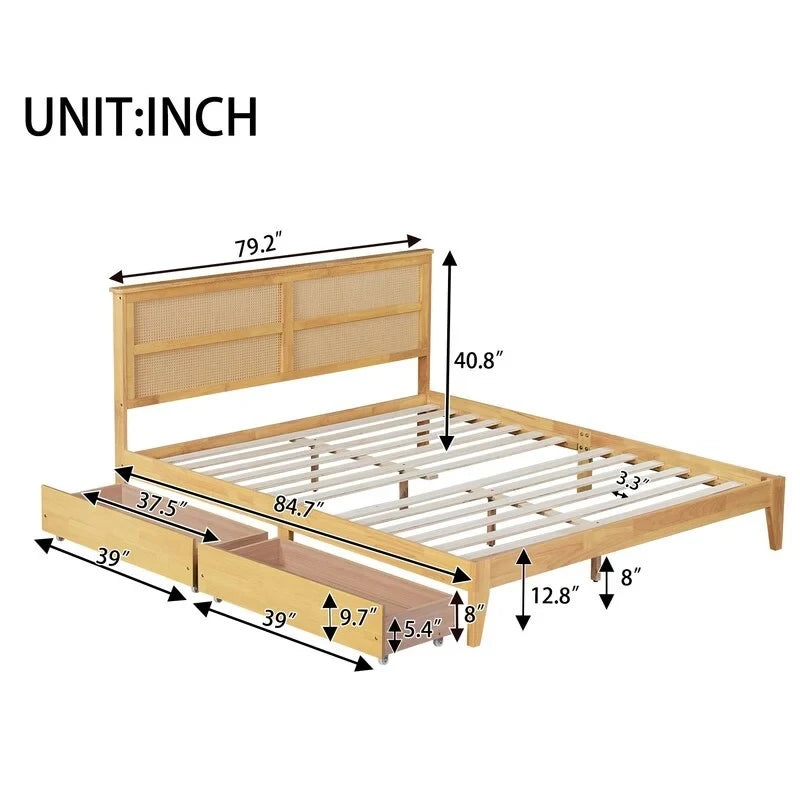 King Size Platform Bed with Rattan Headboard, Two Drawers