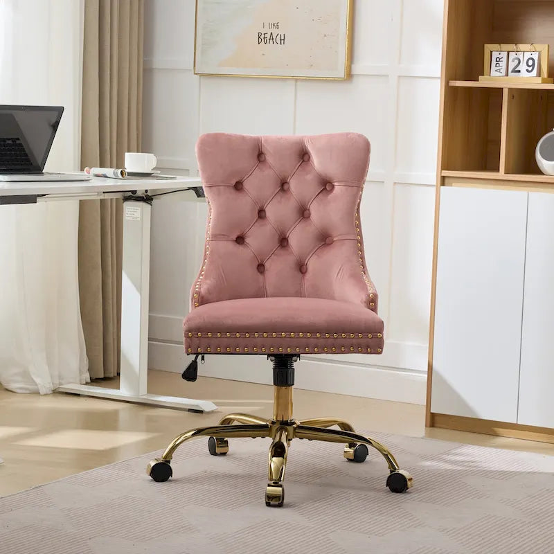 Gray Velvet Tufted Home Office Chair with Golden Metal Base - Adjustable Swivel Desk Chair