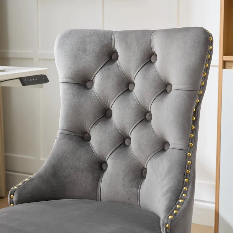 Gray Velvet Tufted Home Office Chair with Golden Metal Base - Adjustable Swivel Desk Chair