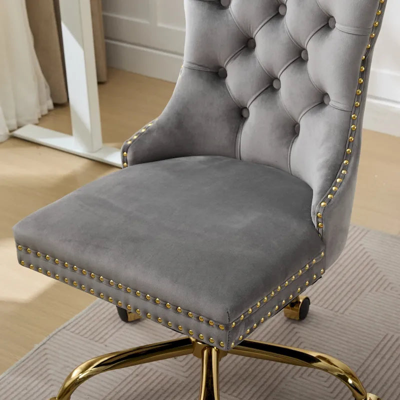 Gray Velvet Tufted Home Office Chair with Golden Metal Base - Adjustable Swivel Desk Chair