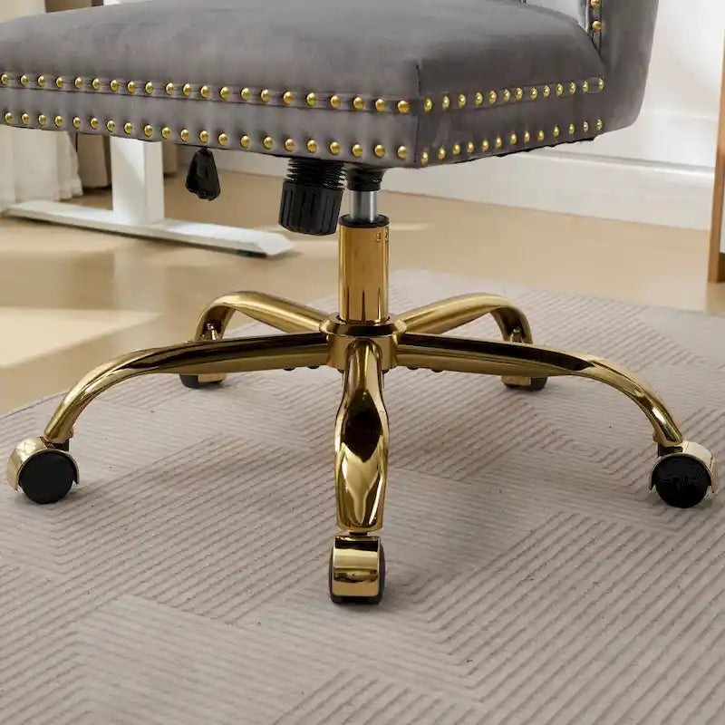 Gray Velvet Tufted Home Office Chair with Golden Metal Base - Adjustable Swivel Desk Chair