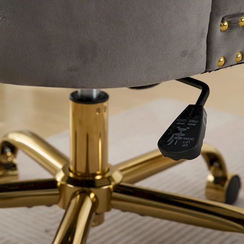 Gray Velvet Tufted Home Office Chair with Golden Metal Base - Adjustable Swivel Desk Chair