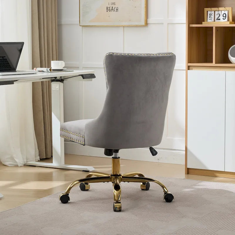 Gray Velvet Tufted Home Office Chair with Golden Metal Base - Adjustable Swivel Desk Chair