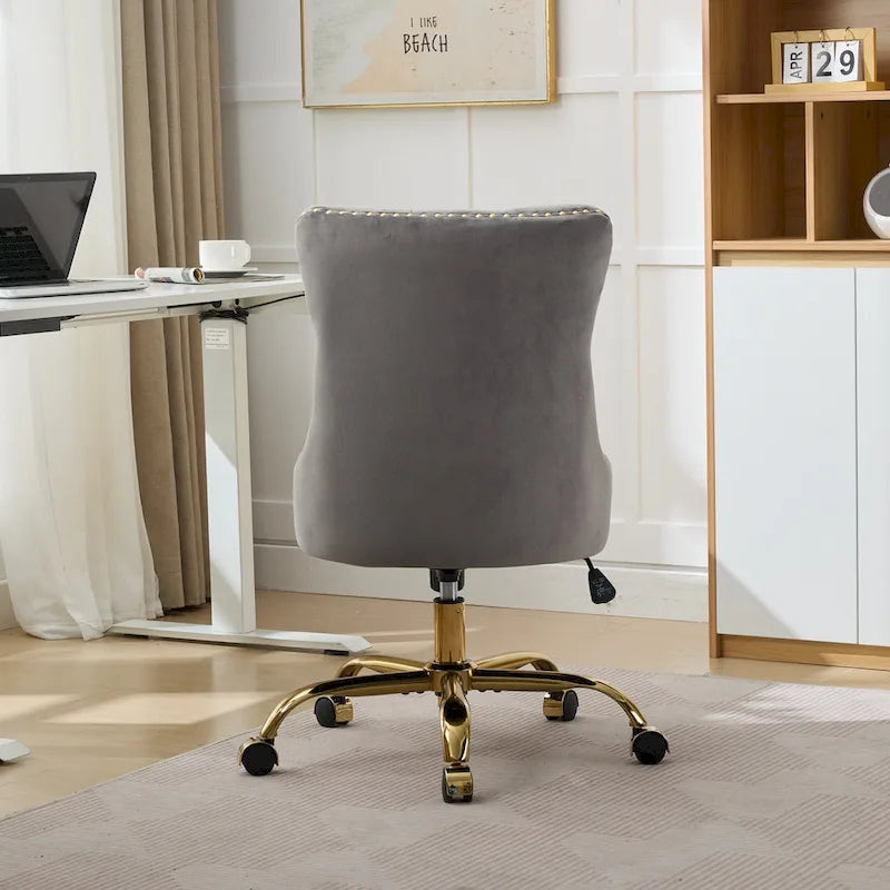 Gray Velvet Tufted Home Office Chair with Golden Metal Base - Adjustable Swivel Desk Chair