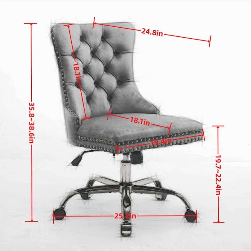 Gray Velvet Tufted Home Office Chair with Golden Metal Base - Adjustable Swivel Desk Chair