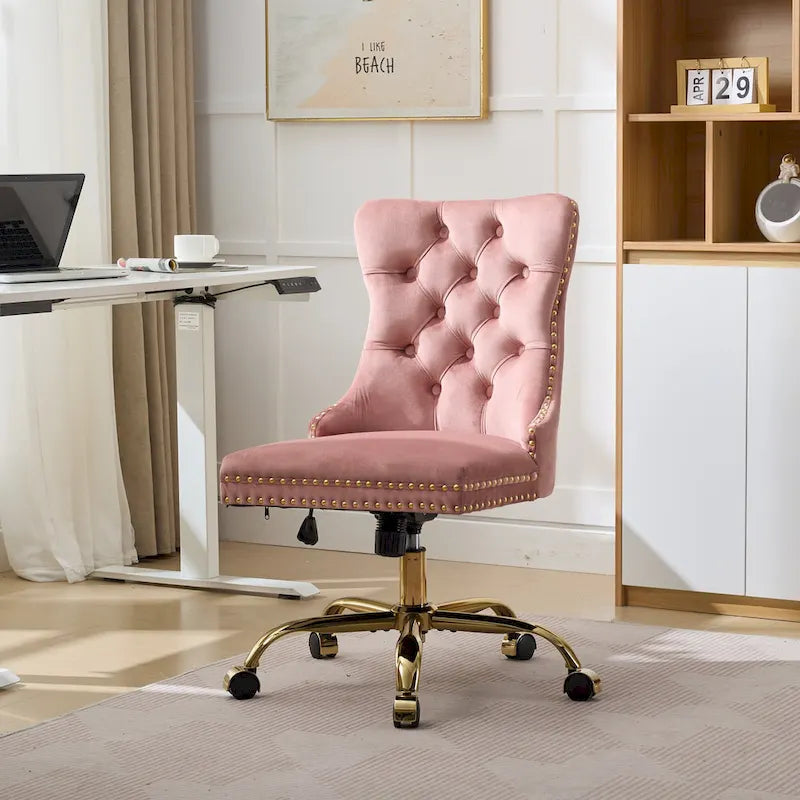 Gray Velvet Tufted Home Office Chair with Golden Metal Base - Adjustable Swivel Desk Chair