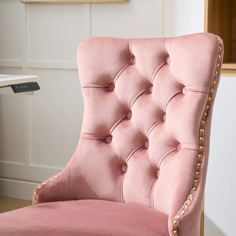 Gray Velvet Tufted Home Office Chair with Golden Metal Base - Adjustable Swivel Desk Chair