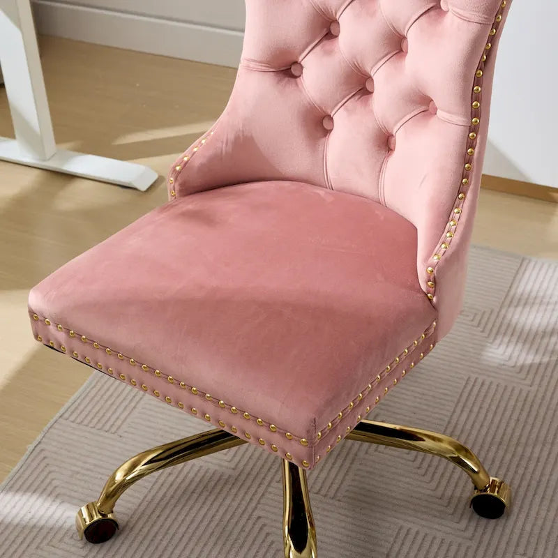 Gray Velvet Tufted Home Office Chair with Golden Metal Base - Adjustable Swivel Desk Chair