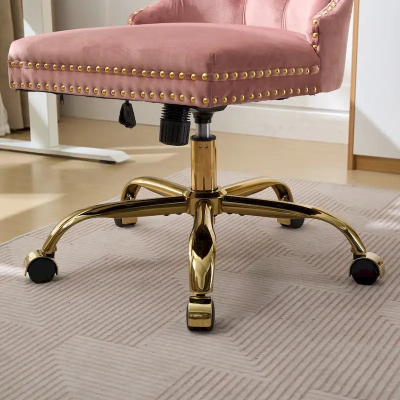 Gray Velvet Tufted Home Office Chair with Golden Metal Base - Adjustable Swivel Desk Chair