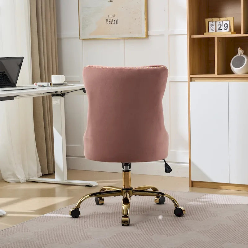 Gray Velvet Tufted Home Office Chair with Golden Metal Base - Adjustable Swivel Desk Chair