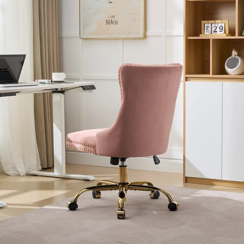 Gray Velvet Tufted Home Office Chair with Golden Metal Base - Adjustable Swivel Desk Chair