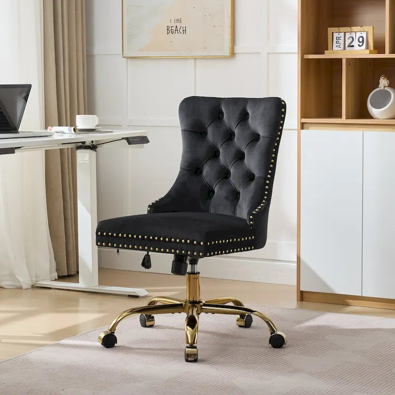 Gray Velvet Tufted Home Office Chair with Golden Metal Base - Adjustable Swivel Desk Chair