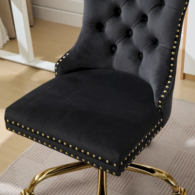 Gray Velvet Tufted Home Office Chair with Golden Metal Base - Adjustable Swivel Desk Chair