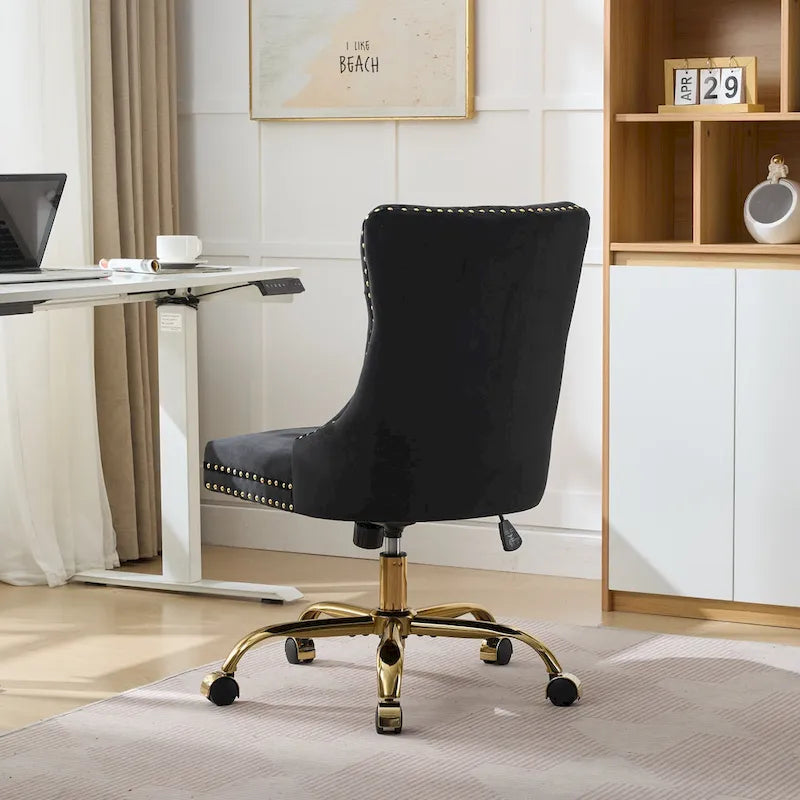 Gray Velvet Tufted Home Office Chair with Golden Metal Base - Adjustable Swivel Desk Chair