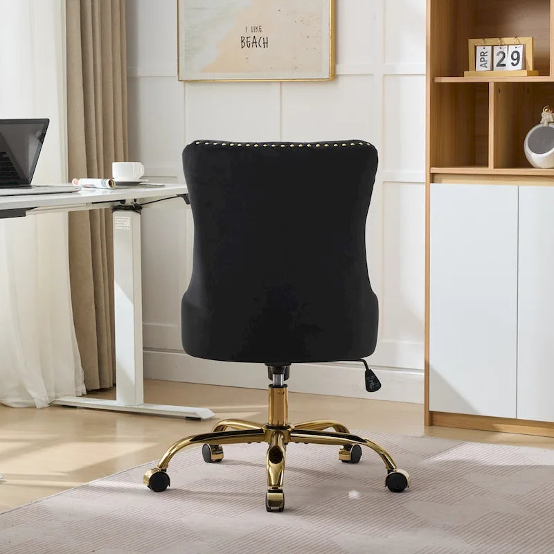 Gray Velvet Tufted Home Office Chair with Golden Metal Base - Adjustable Swivel Desk Chair