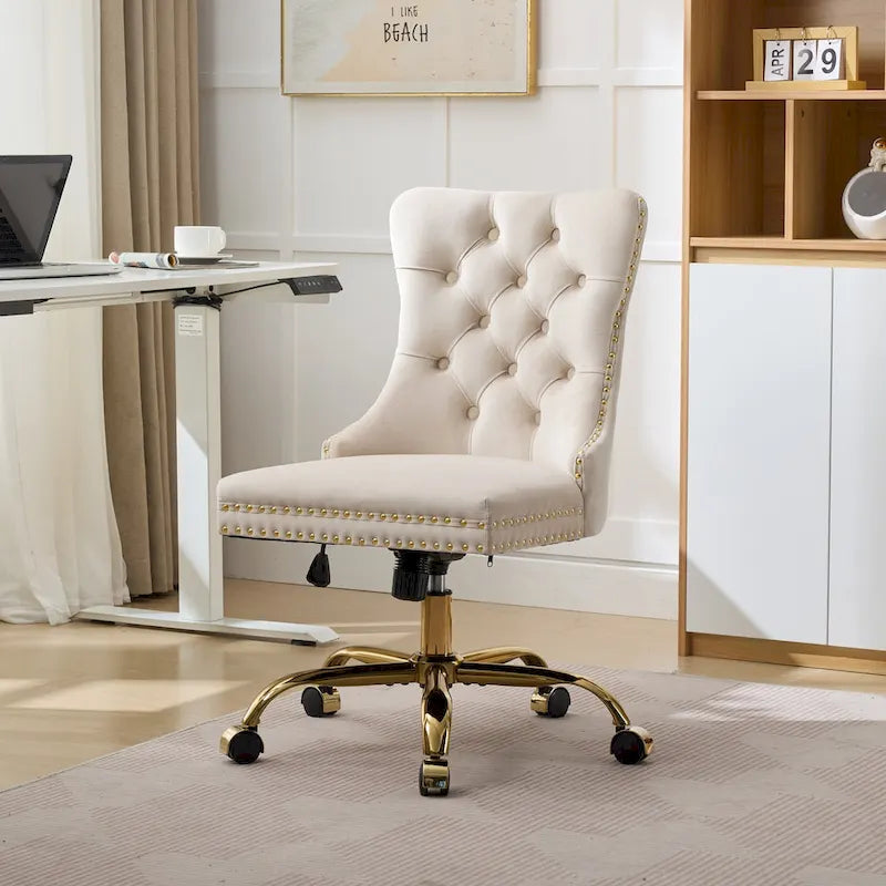 Gray Velvet Tufted Home Office Chair with Golden Metal Base - Adjustable Swivel Desk Chair