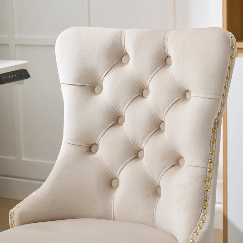 Gray Velvet Tufted Home Office Chair with Golden Metal Base - Adjustable Swivel Desk Chair