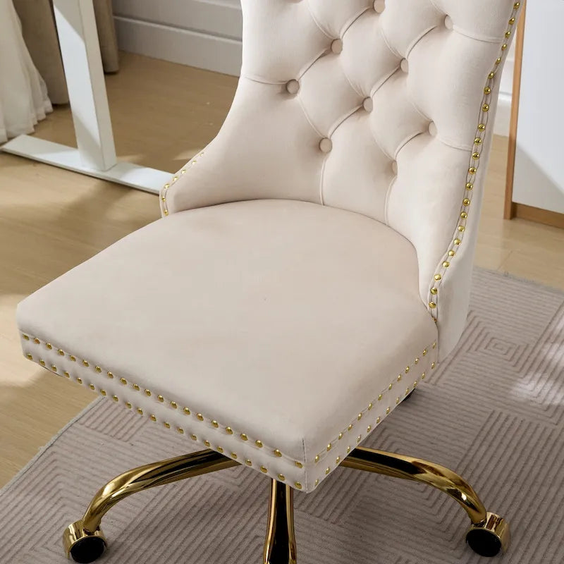 Gray Velvet Tufted Home Office Chair with Golden Metal Base - Adjustable Swivel Desk Chair