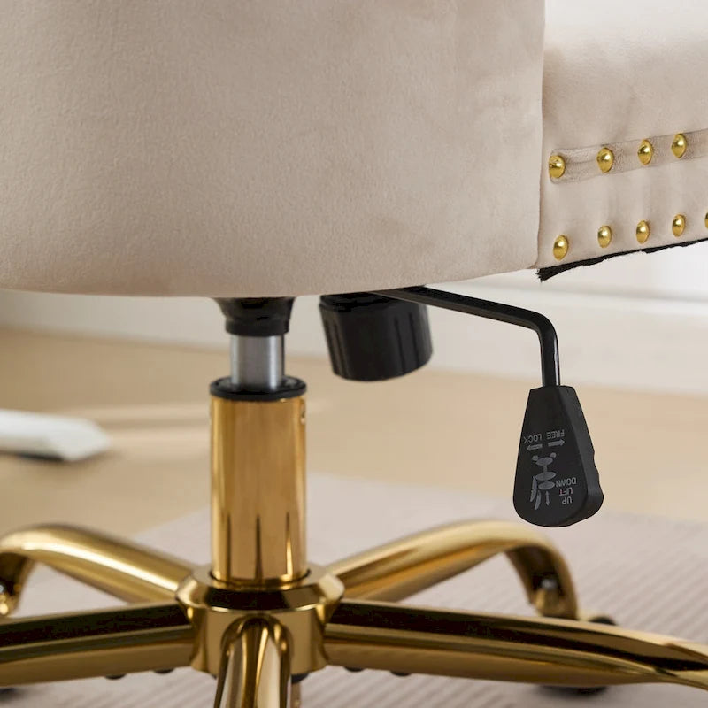 Gray Velvet Tufted Home Office Chair with Golden Metal Base - Adjustable Swivel Desk Chair