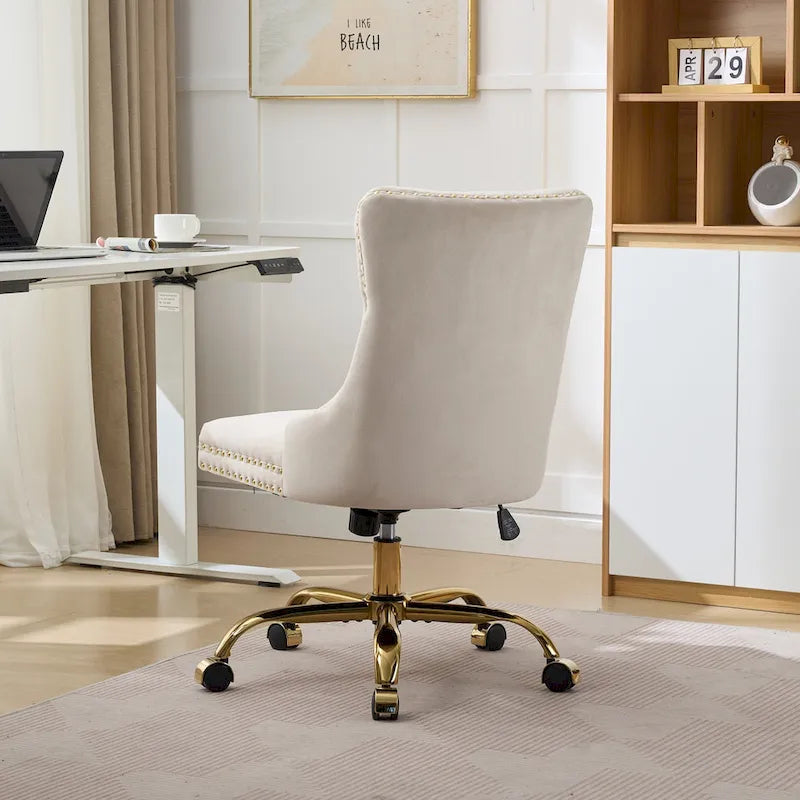 Gray Velvet Tufted Home Office Chair with Golden Metal Base - Adjustable Swivel Desk Chair