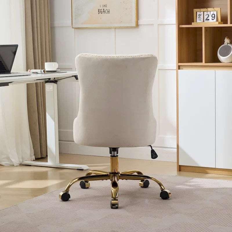 Gray Velvet Tufted Home Office Chair with Golden Metal Base - Adjustable Swivel Desk Chair