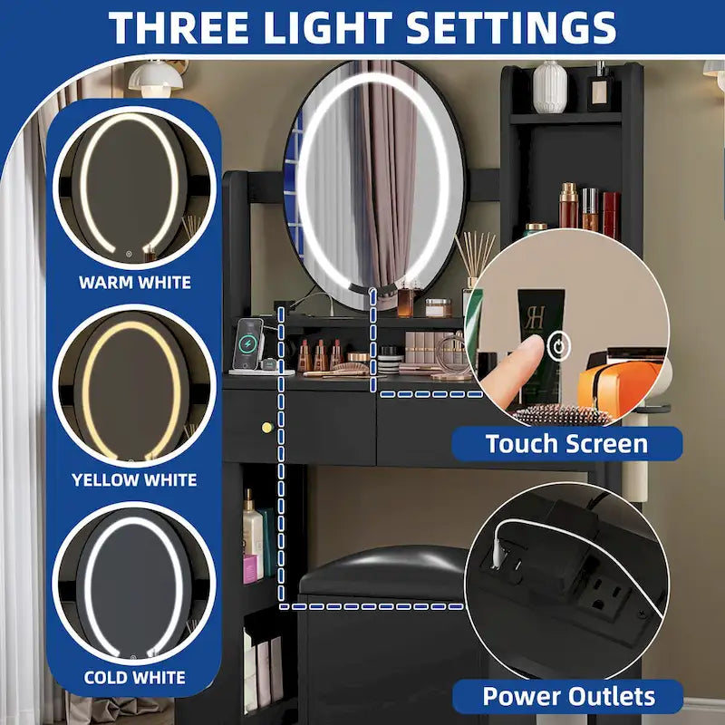 Moasis Makeup Vanity Set With Storage Ottoman and LED Lighted Mirror & Charge Station