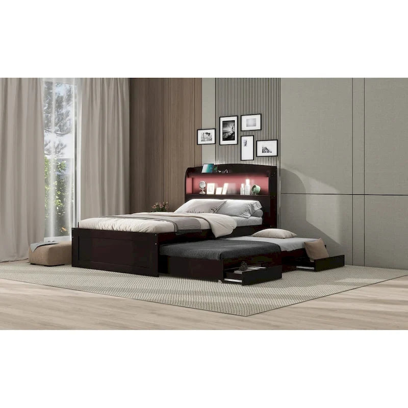 Letto a piattaforma con testiera LED e cassetti