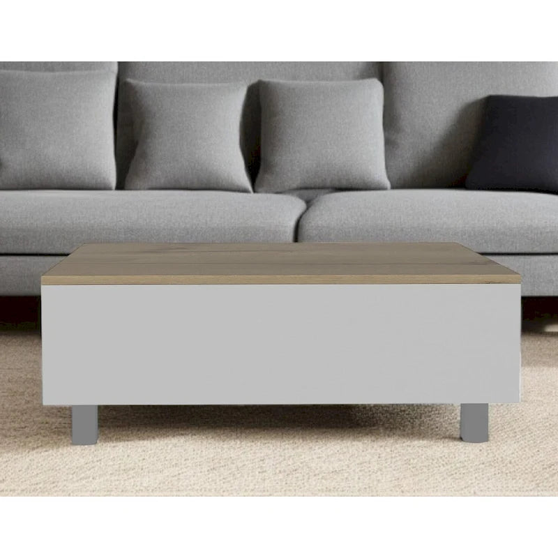 Tavolino da salotto rettangolare in legno ingegnerizzato bianco e rovere chiaro, 32, con piano sollevabile, cassetto e ripiano - 21.4 H x 31.5 W x 21.4 D