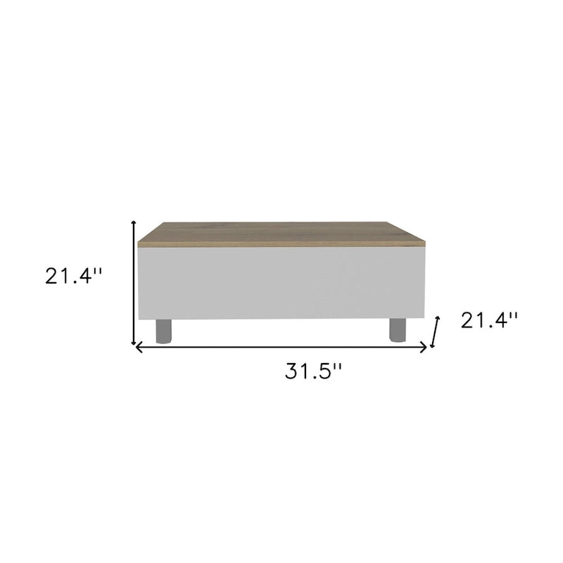 Tavolino da salotto rettangolare in legno ingegnerizzato bianco e rovere chiaro, 32, con piano sollevabile, cassetto e ripiano - 21.4 H x 31.5 W x 21.4 D