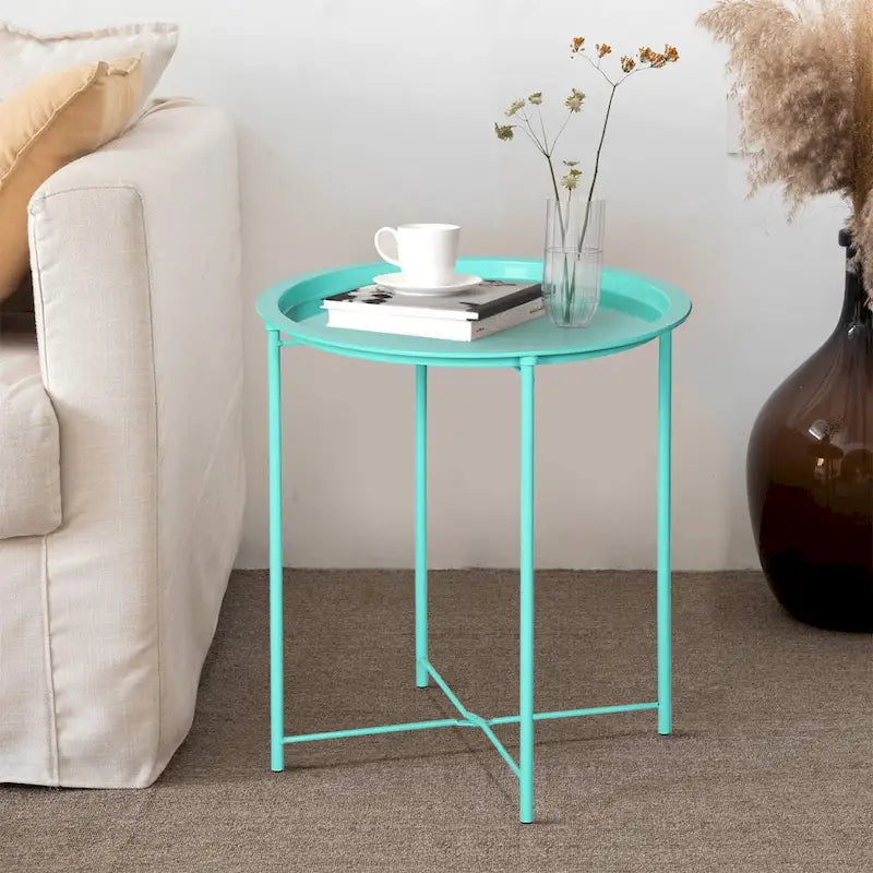 Folding Round TV Tray Table, Small Round Steel Side Table, No Assembly Required - 18.5 x 18.5 x 19.7 in