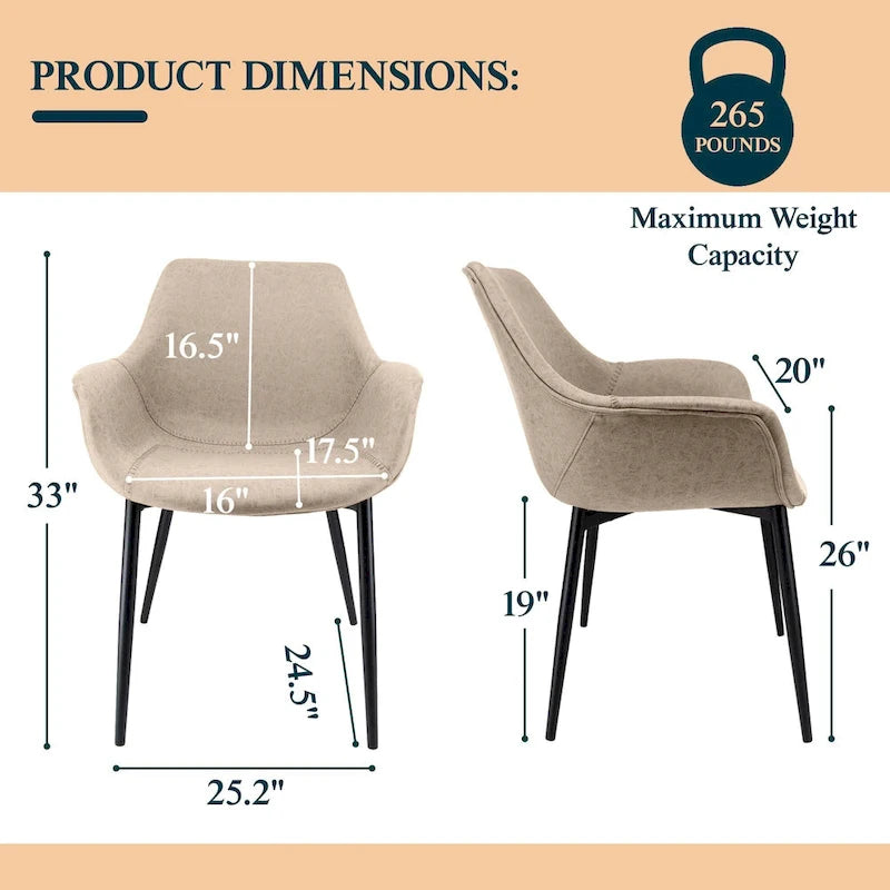 Poltroncina da pranzo con gambe in metallo, set da 2 - verde oliva - 24.5Dx25.2Wx33H