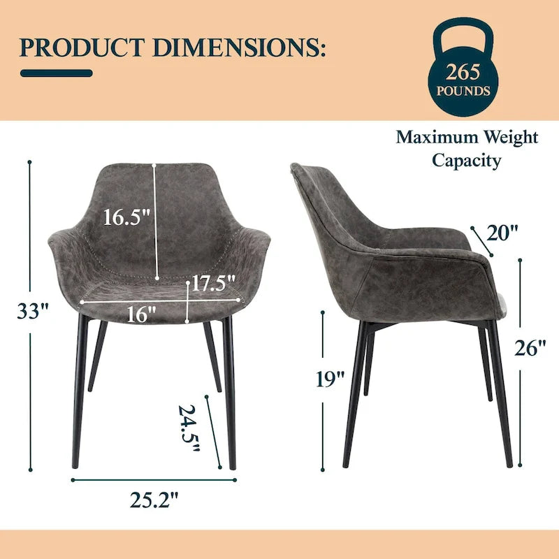 Poltroncina da pranzo con gambe in metallo, set da 2 - verde oliva - 24.5Dx25.2Wx33H