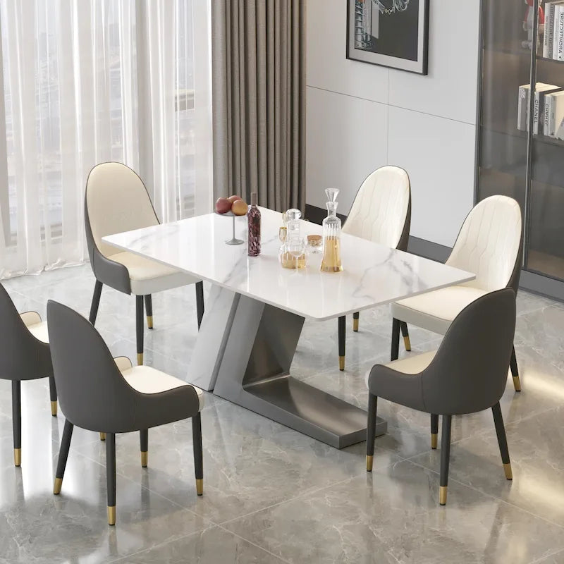 Tavolo da pranzo moderno in ardesia con piano rettangolare in pietra sinterizzata bianca e gambe in metallo -- 63/71/79