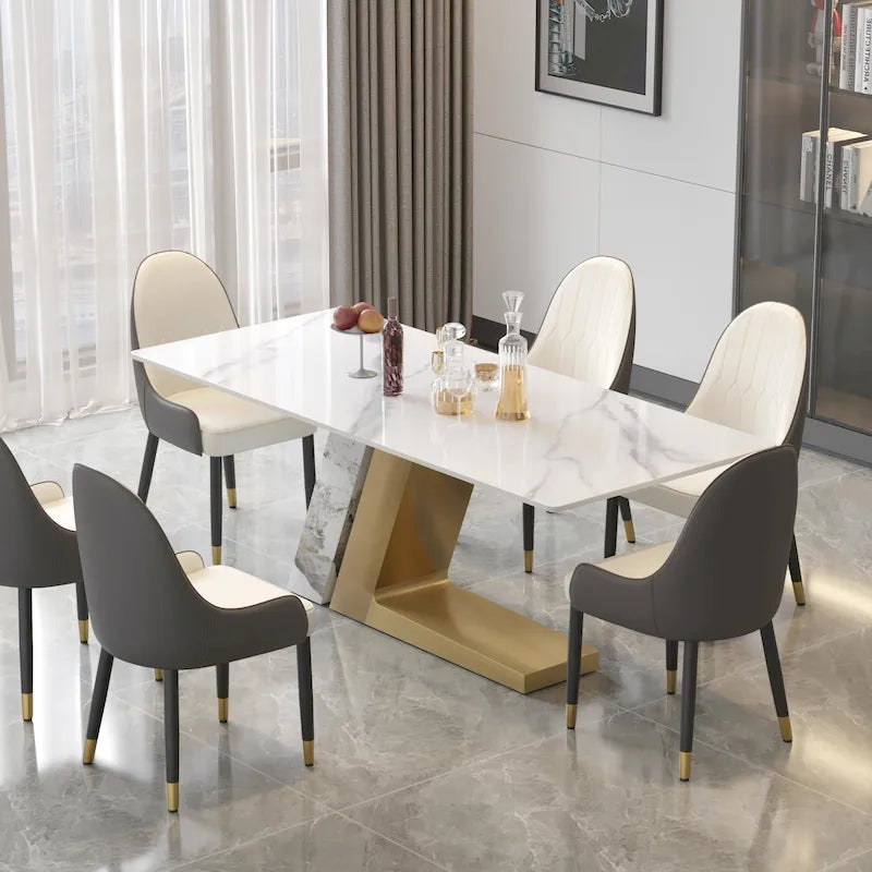 Tavolo da pranzo moderno in ardesia con piano rettangolare in pietra sinterizzata bianca e gambe in metallo -- 63/71/79