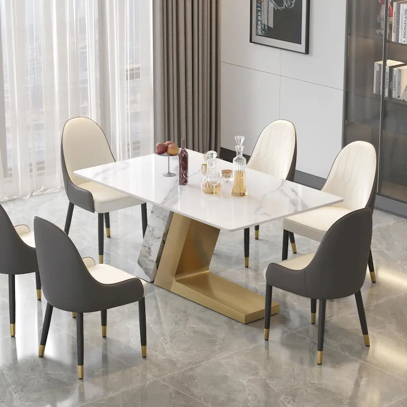 Tavolo da pranzo moderno in ardesia con piano rettangolare in pietra sinterizzata bianca e gambe in metallo -- 63/71/79