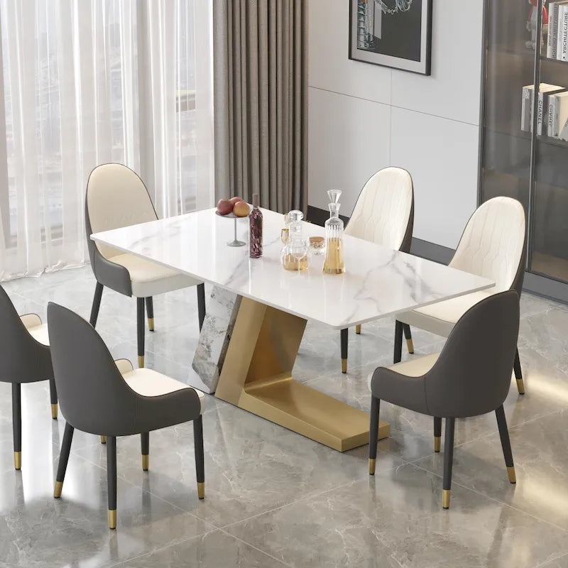 Tavolo da pranzo moderno in ardesia con piano rettangolare in pietra sinterizzata bianca e gambe in metallo -- 63/71/79