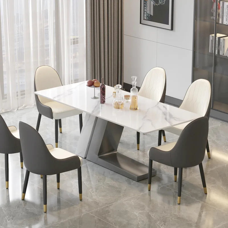 Tavolo da pranzo moderno in ardesia con piano rettangolare in pietra sinterizzata bianca e gambe in metallo -- 63/71/79