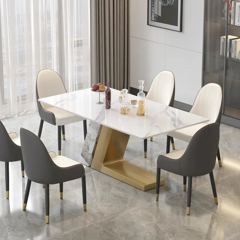 Tavolo da pranzo moderno in ardesia con piano rettangolare in pietra sinterizzata bianca e gambe in metallo -- 63/71/79