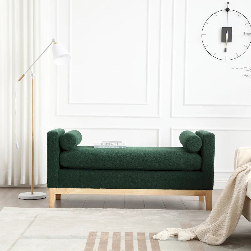 Elegancka tapicerowana ławka z drewnianymi nogami