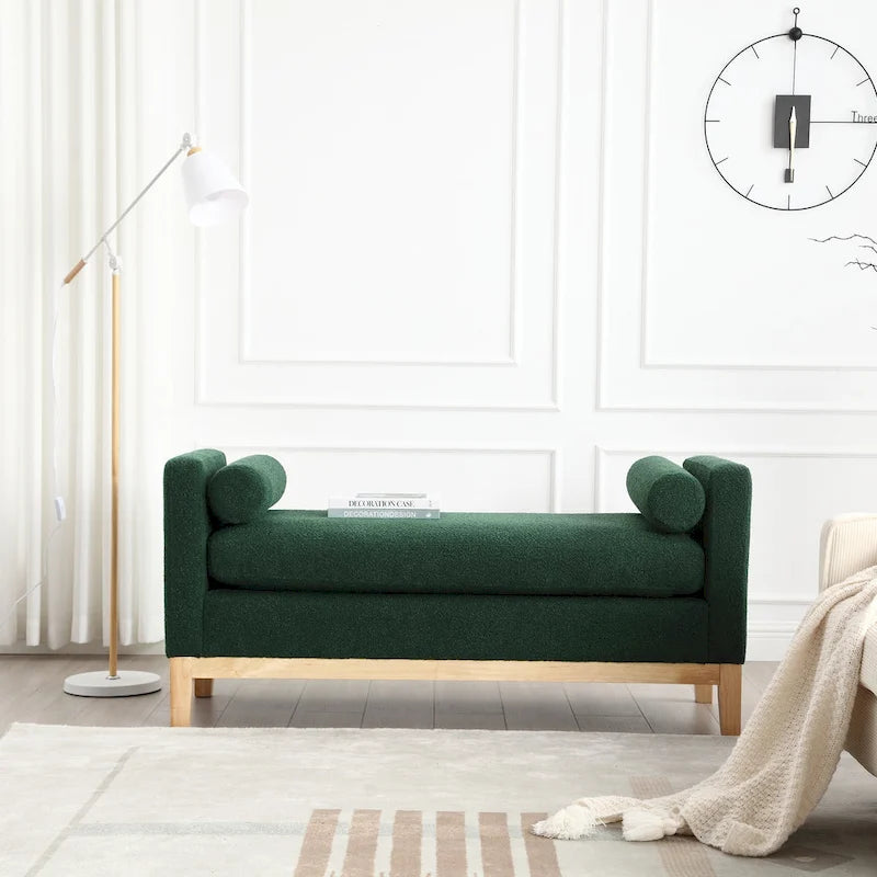 Elegancka tapicerowana ławka z drewnianymi nogami