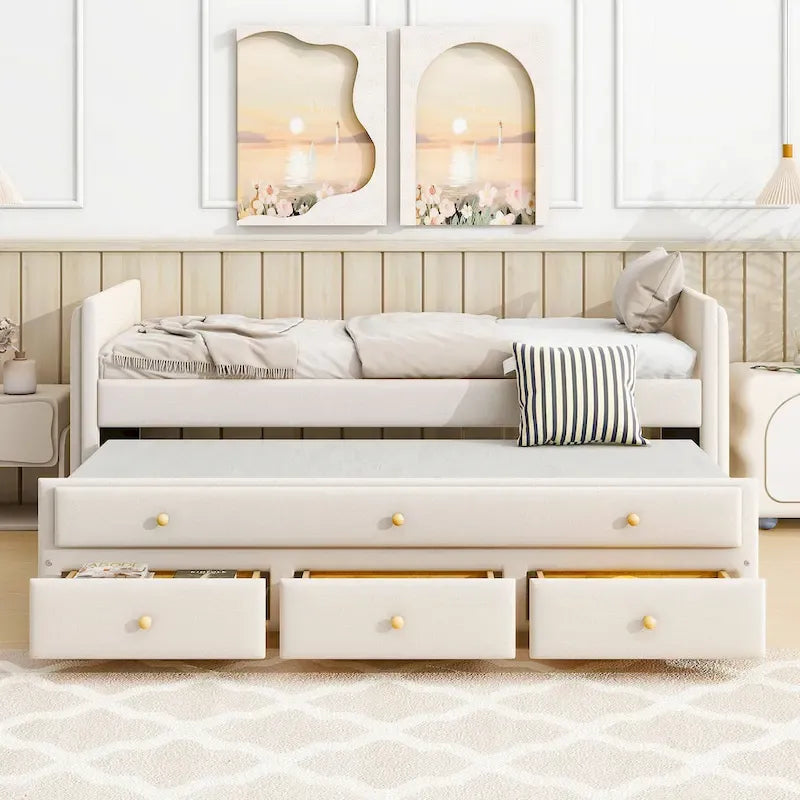 Daybed singolo imbottito con letto estraibile singolo e cassetti, in velluto beige