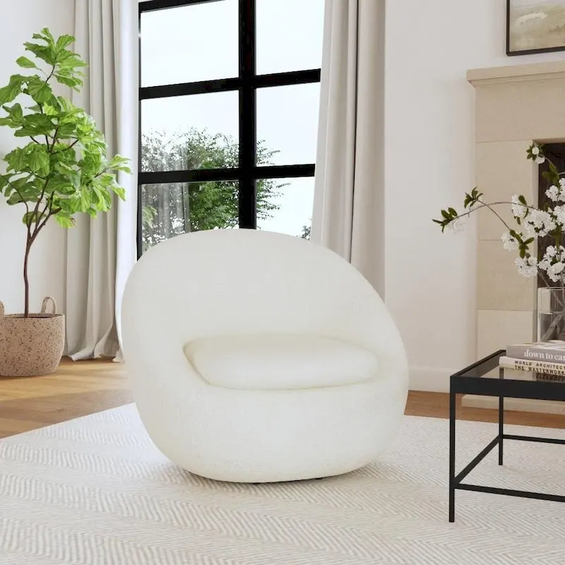 Round Barrel Shape Swivel Chair-White Sherpa