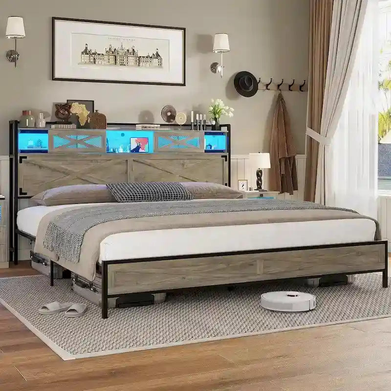 Struttura letto in stile rustico con testiera contenitore e porta scorrevole stile fienile