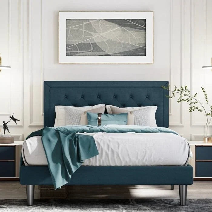 Linen Upholstered Adjustable Height Platform Bed with Button-Tufted Headboard