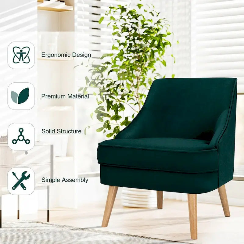 Tapicerowany aksamitną tkaniną fotel dekoracyjny z nogami z drewna kauczukowego - 27 x 25 x 30 (L x W x H)