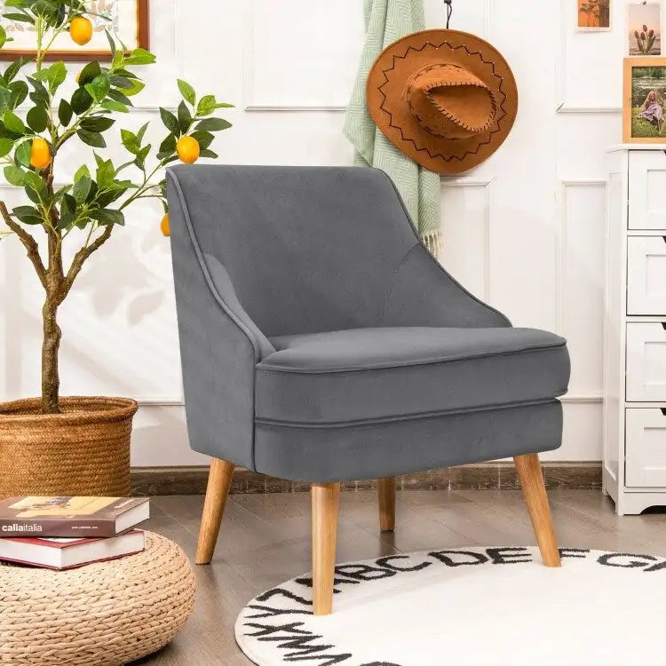 Tapicerowany aksamitną tkaniną fotel dekoracyjny z nogami z drewna kauczukowego - 27 x 25 x 30 (L x W x H)