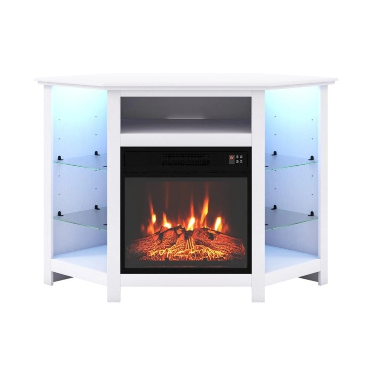 Mobile TV angolare con camino elettrico, luci LED e ripiani in vetro regolabili - 45 x 22 x 30